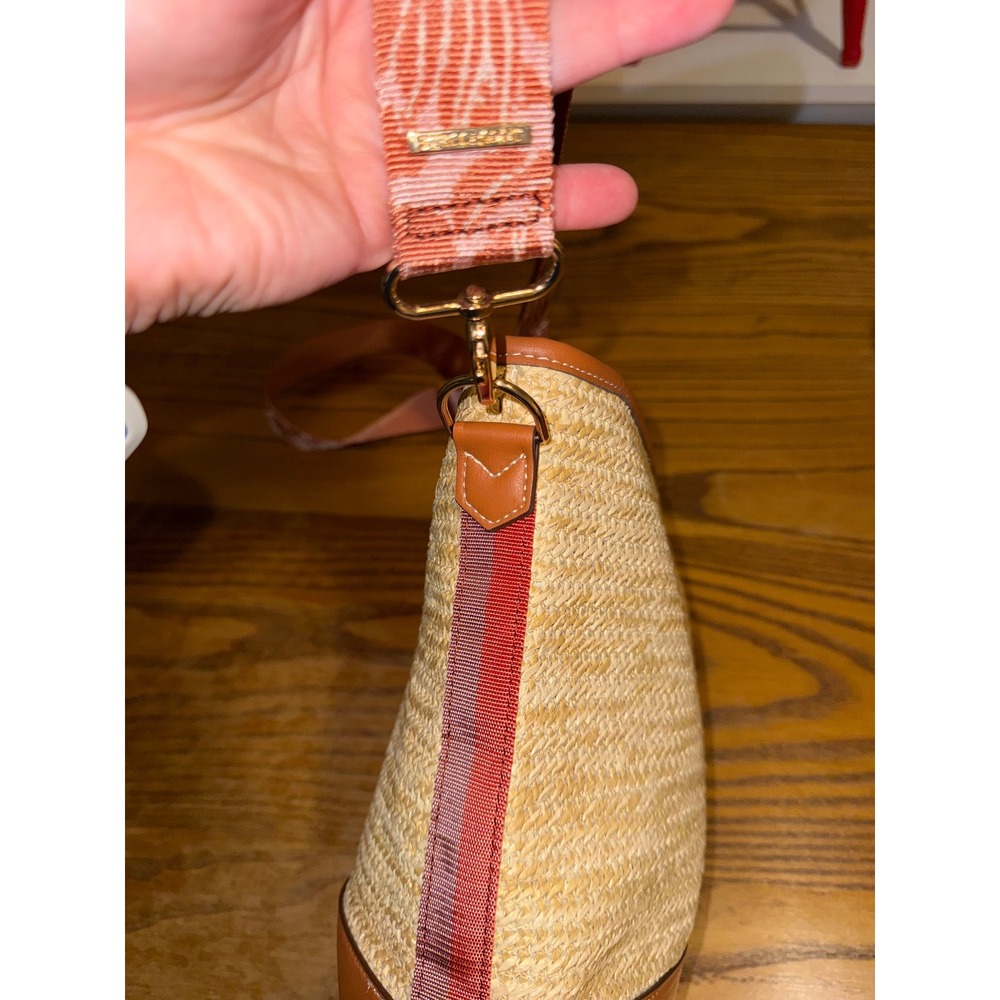 Stella & Dot Woven Straw Bucket Bag Brown Leather Trim Floral Crossbody Strap - Picture 6 of 13